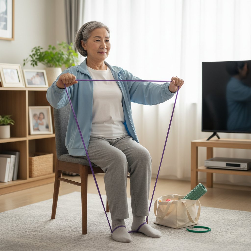 Pacjentka na wózku wykonująca ćwiczenia z gumą oporową w swoim salonie, typowe warunki domowej fizjoterapii