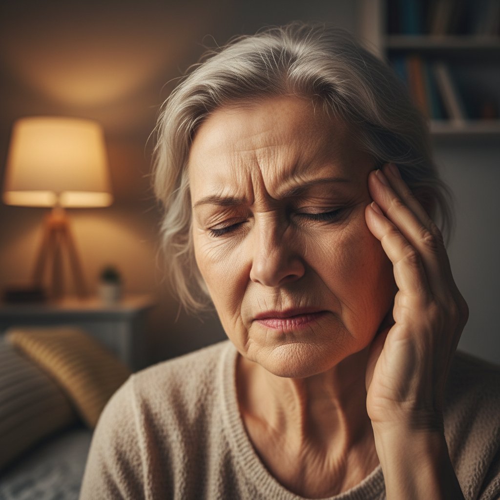 Starsza kobieta z wyraźnym bólem twarzy, trzymająca dłoń przy policzku, domowe wnętrze, naturalne światło