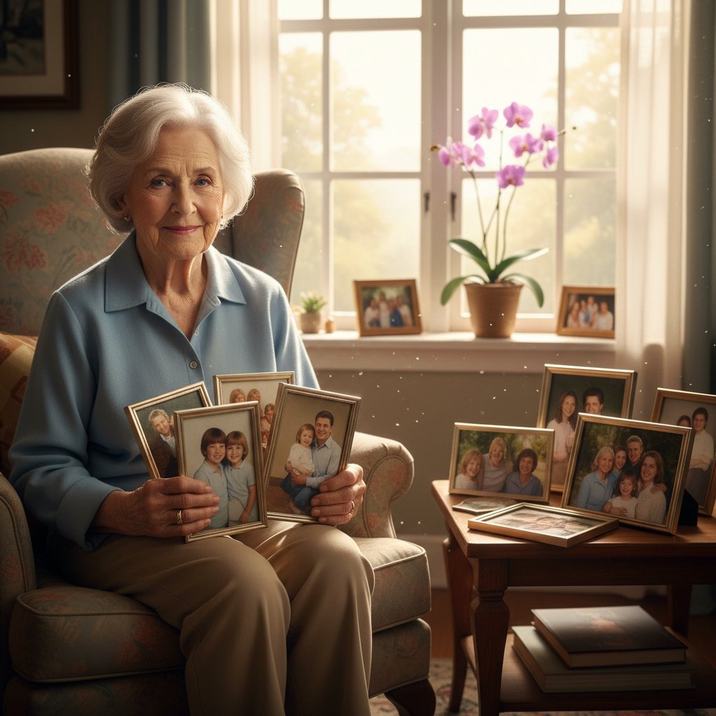 Symboliczna fotografia: starsza kobieta na tle fotografii rodzinnych, samotność i nadzieja