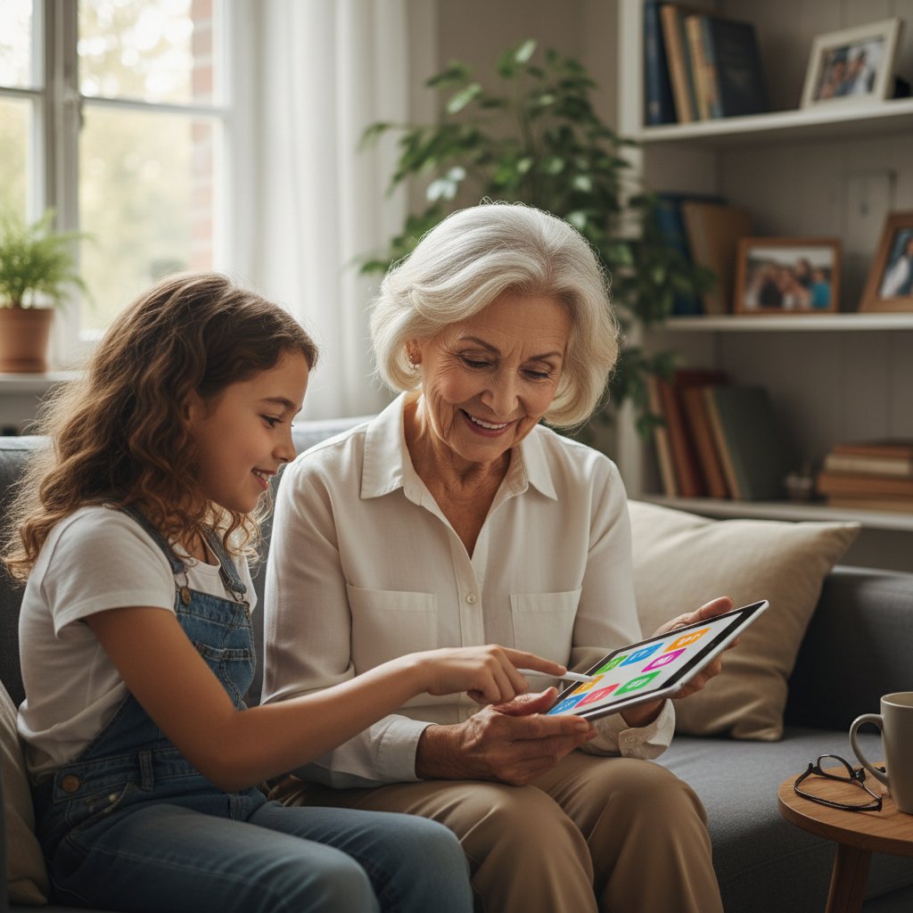 Starsza kobieta z wnuczką pomagającą przy korzystaniu z tabletu