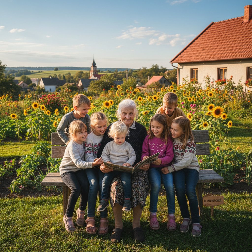 Starsza kobieta z wnukami na tle wiejskiego krajobrazu