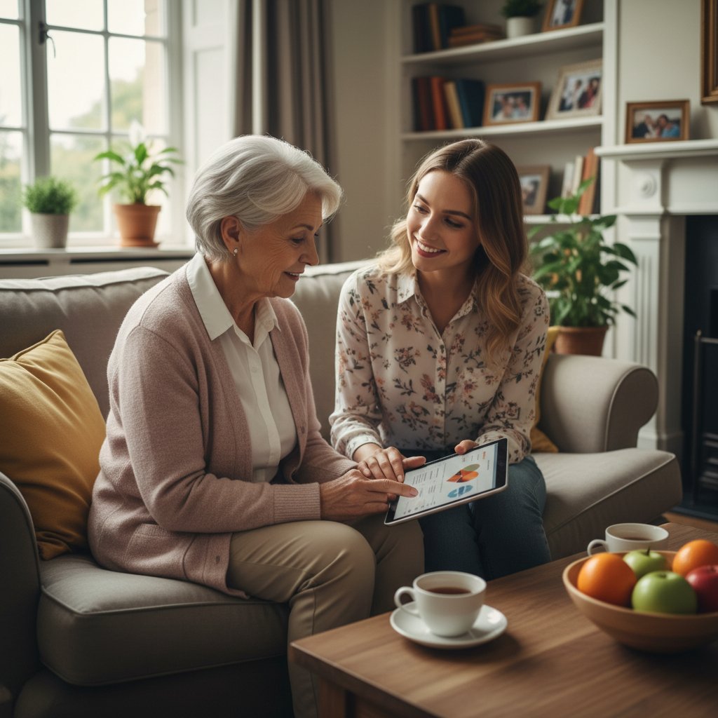 Starsza kobieta rozmawiająca o zdrowiu z wnuczką w domowej atmosferze