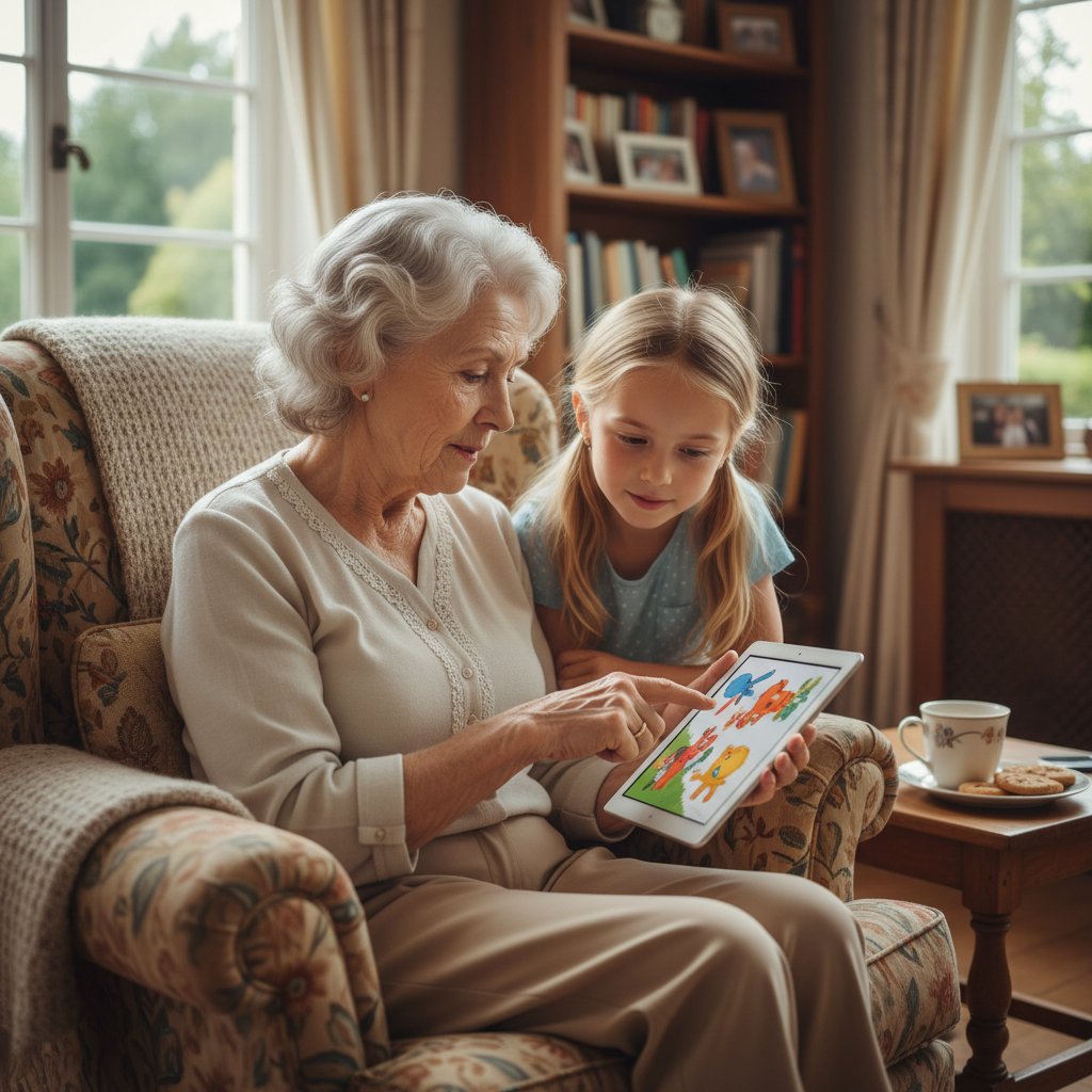 Starsza kobieta z wnuczką, korzystająca z tabletu w domowym zaciszu
