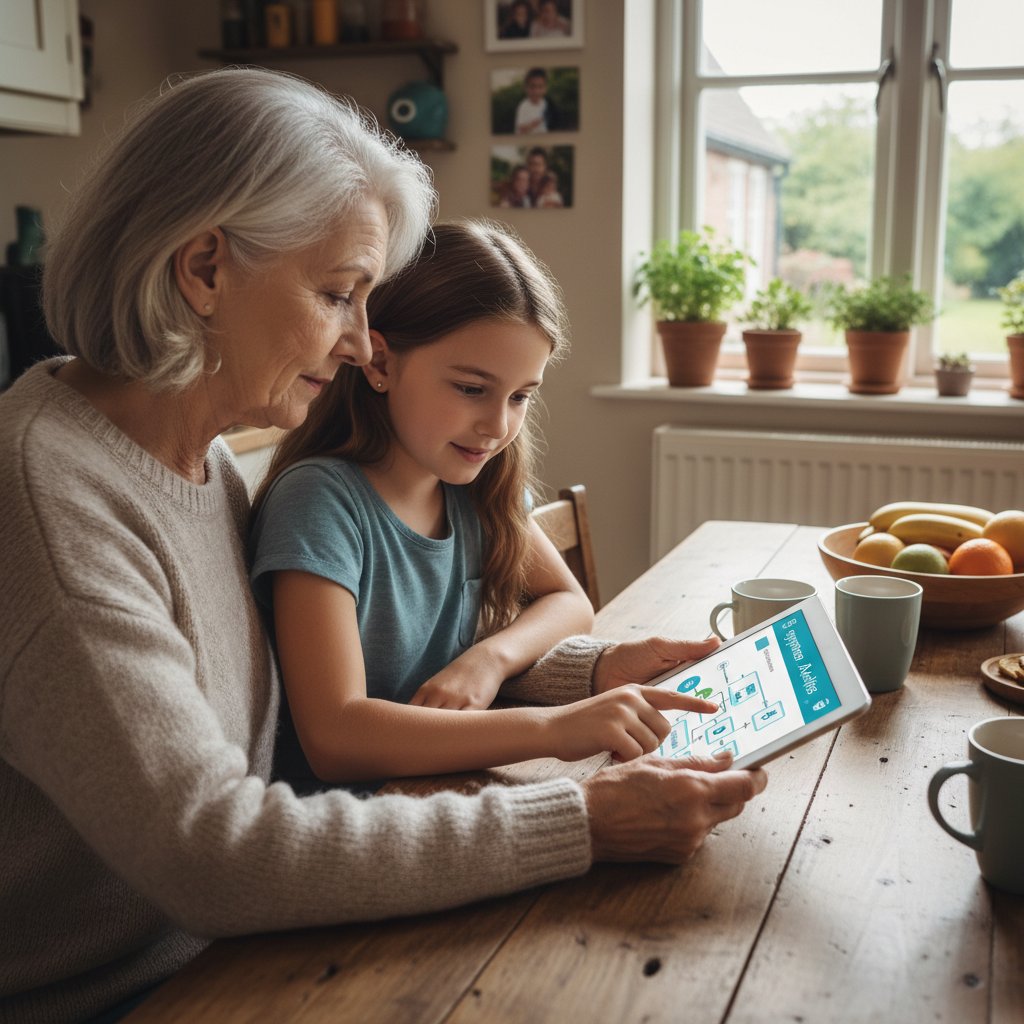 Starsza kobieta z wnuczką korzystająca z tabletu w kuchni, analizując objawy online