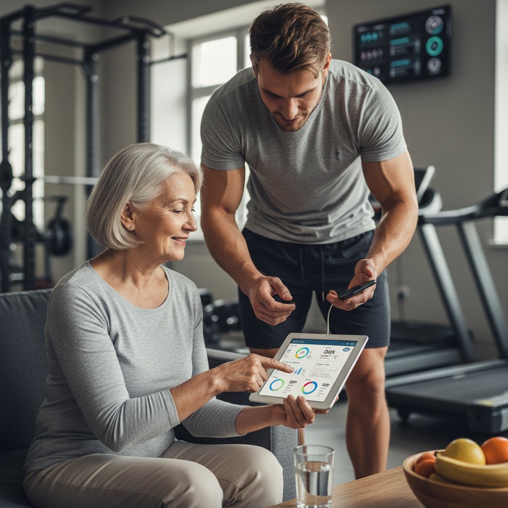 Starsza kobieta z wnukiem korzystająca z aplikacji zdrowotnej; obok młody mężczyzna na siłowni analizujący swoje parametry