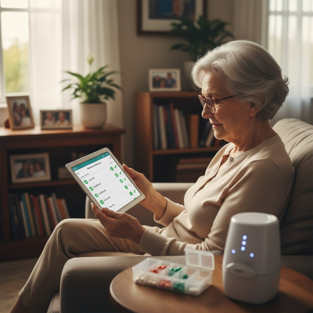 Doświadczona kobieta korzysta z aplikacji zdrowotnej do monitorowania leków, domowa scena