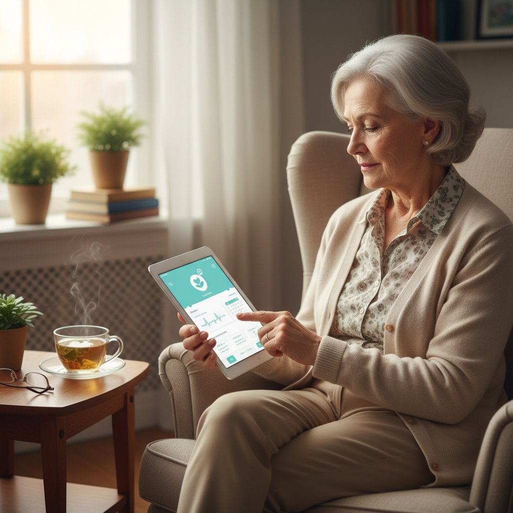 Starsza kobieta korzystająca z aplikacji zdrowotnej na tablecie, spokojne otoczenie domowe