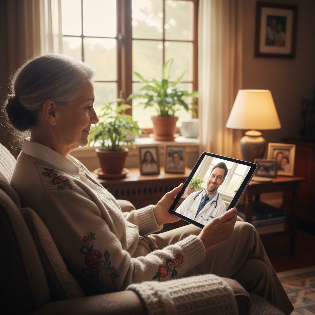 Starsza kobieta samotnie w domu podczas wideokonsultacji z lekarzem, tablet na stole, spokojne światło