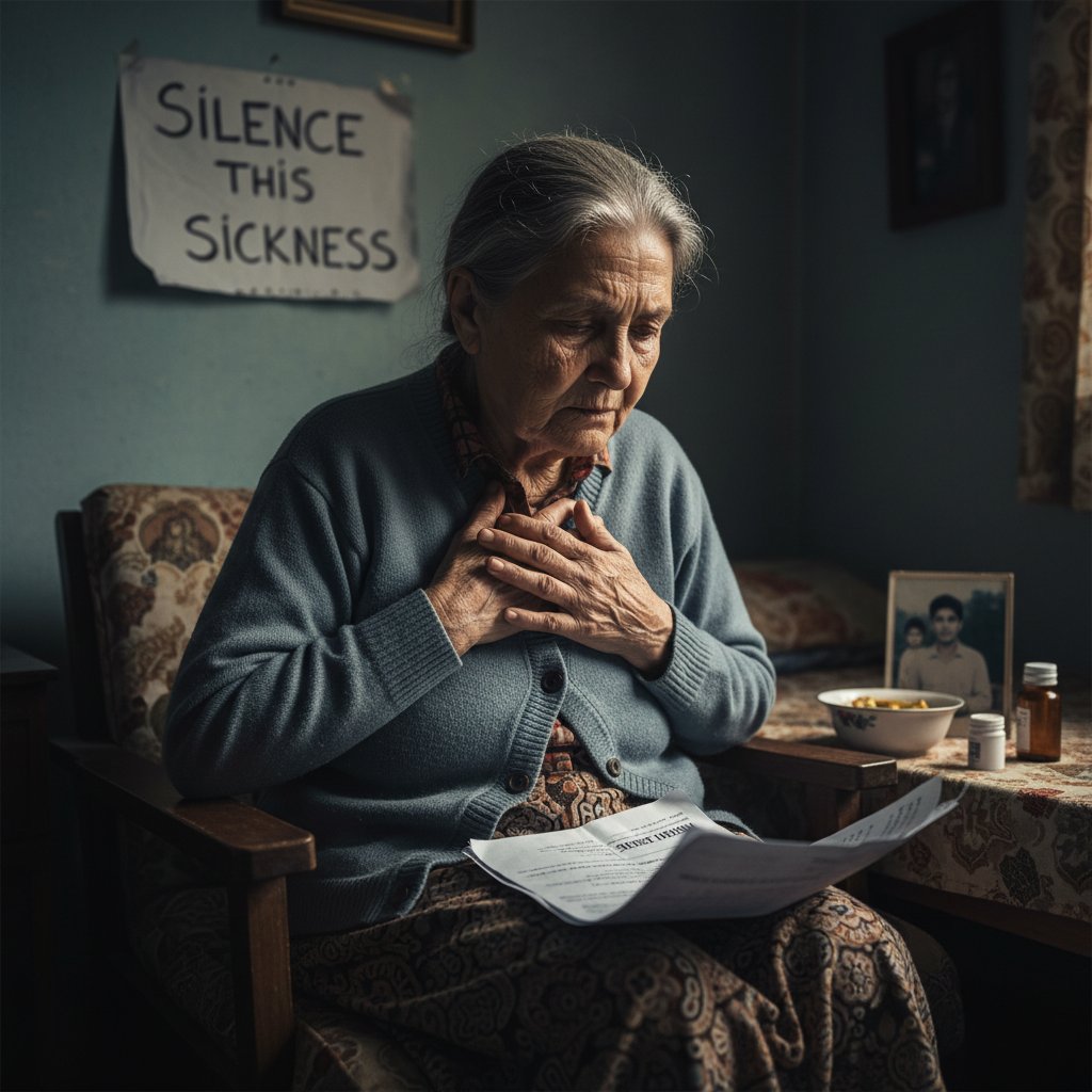 Starsza kobieta zamyślona w domu, atmosfera niepokoju, temat tabu wokół chorób serca, stenoza aortalna