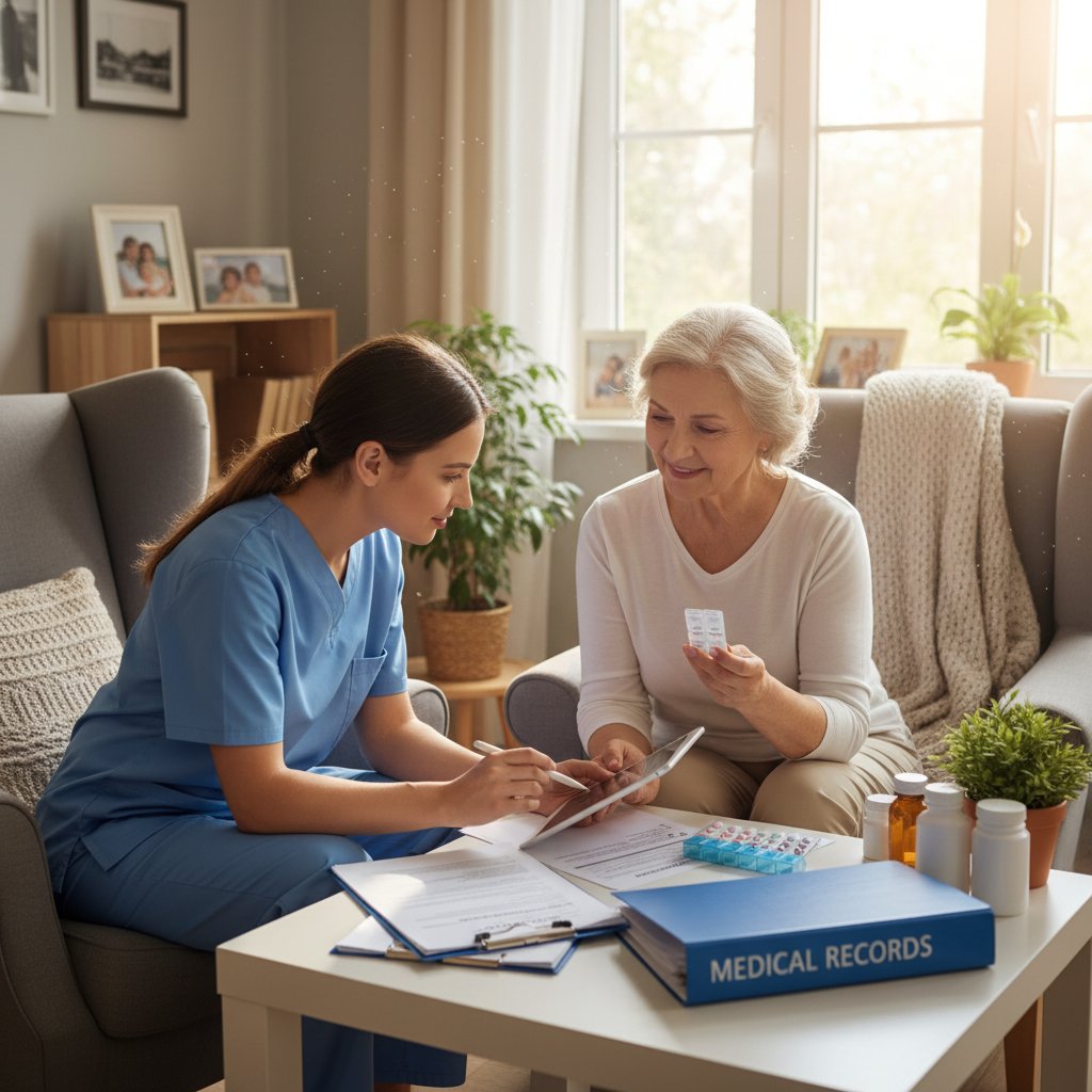 Starsza kobieta opiekująca się leżącą osobą w domowym zaciszu, dokumenty i leki na stole, wsparcie opiekunów