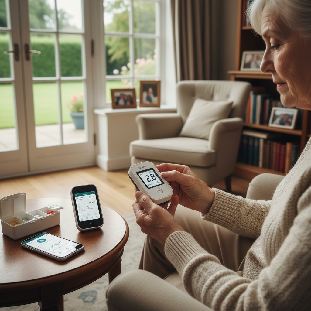 Starsza kobieta korzystająca z domowego urządzenia do pomiaru INR – nowoczesna technologia w terapii