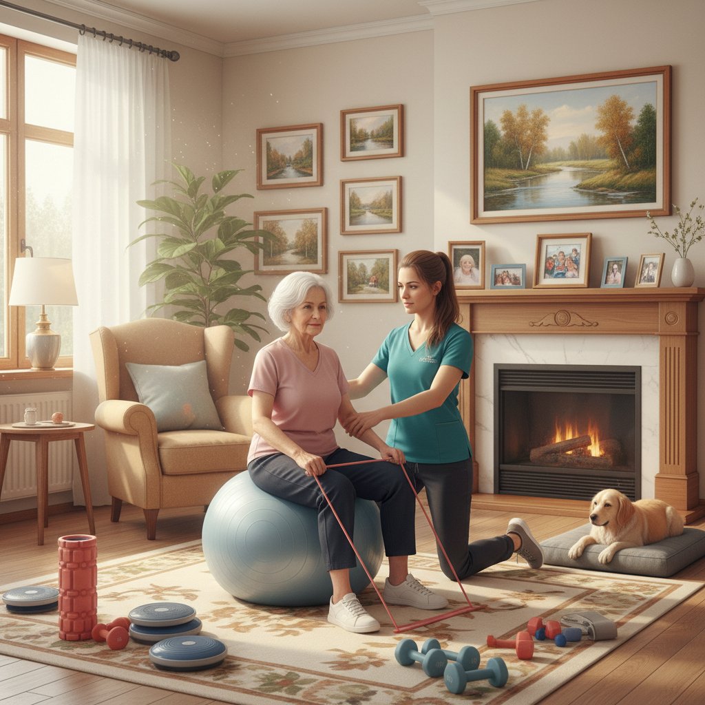 Starsza kobieta obserwuje domową rehabilitację w mieszkaniu, sprzęt rehabilitacyjny na podłodze