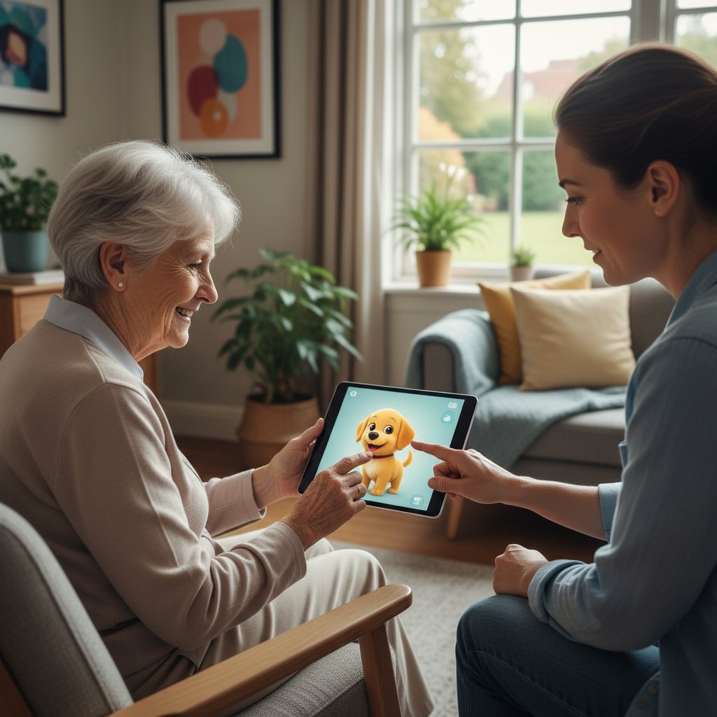 Ältere Frau interagiert emotional mit virtuellem Hund am Tablet, therapeutische Szene