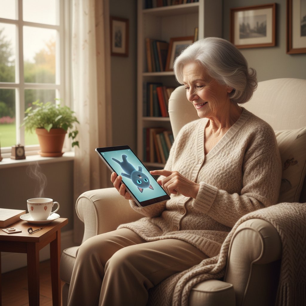 Ältere Frau interagiert mit virtuellem Haustier auf Tablet, Wohnzimmer, entspannte Atmosphäre