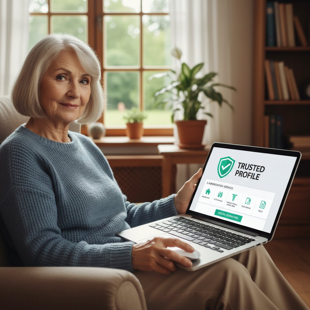 Starsza kobieta korzysta z laptopa, loguje się do Profilu Zaufanego