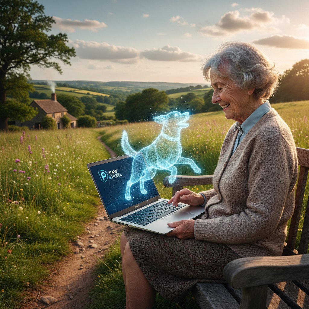 Starsza kobieta z laptopem na tle wiejskiego domku, wirtualny piesek wyświetlony na ekranie