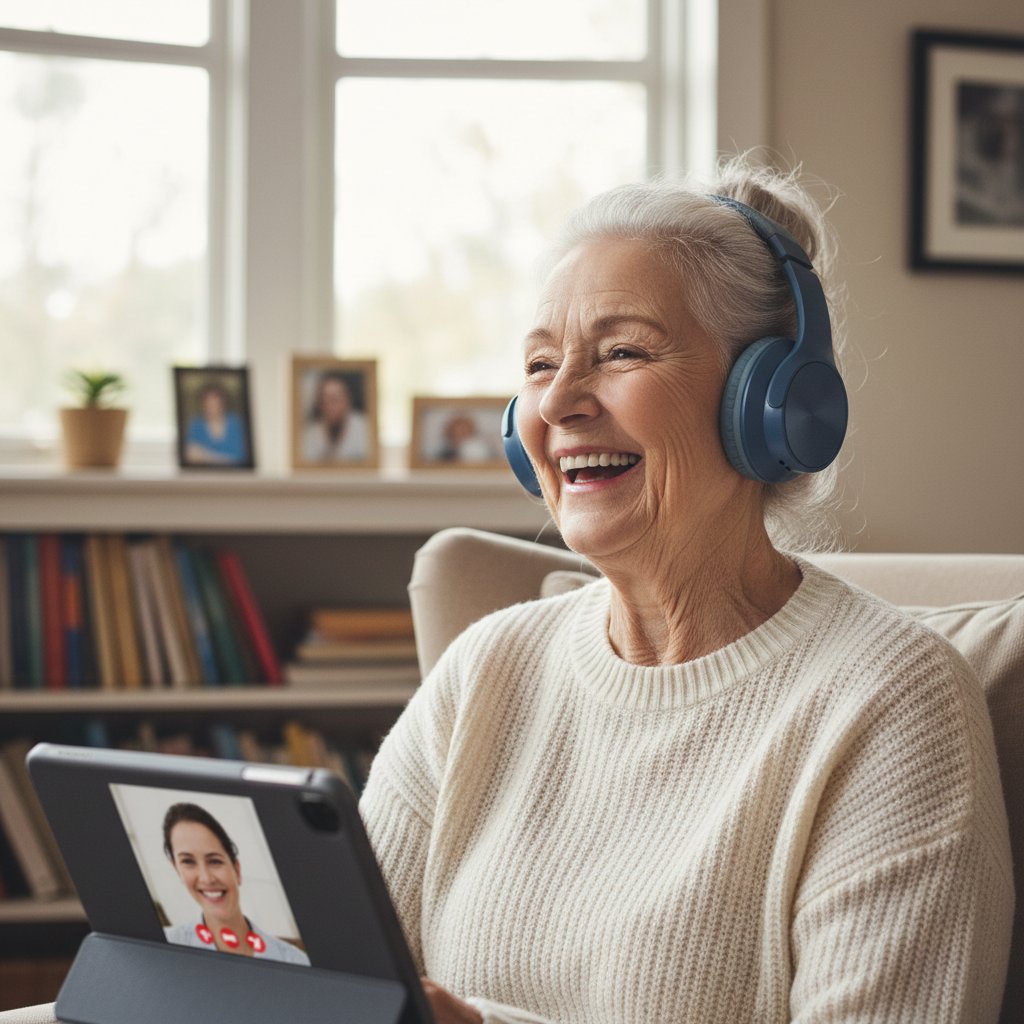 Seniorin lacht während eines Videochats – Erfolgserlebnis digitaler Nähe.