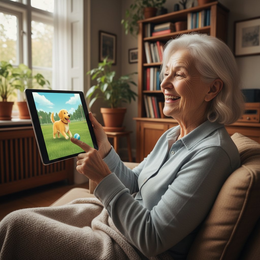 Seniorka śmiejąca się z tabletem i wirtualnym psem, pies symulator dla seniorów