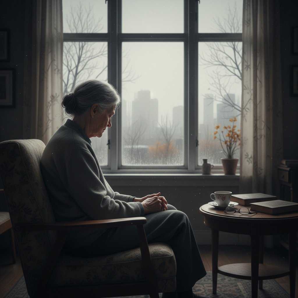 Starsza kobieta patrząca przez okno, samotna, zmartwiona – ilustracja odstawienia u seniorów