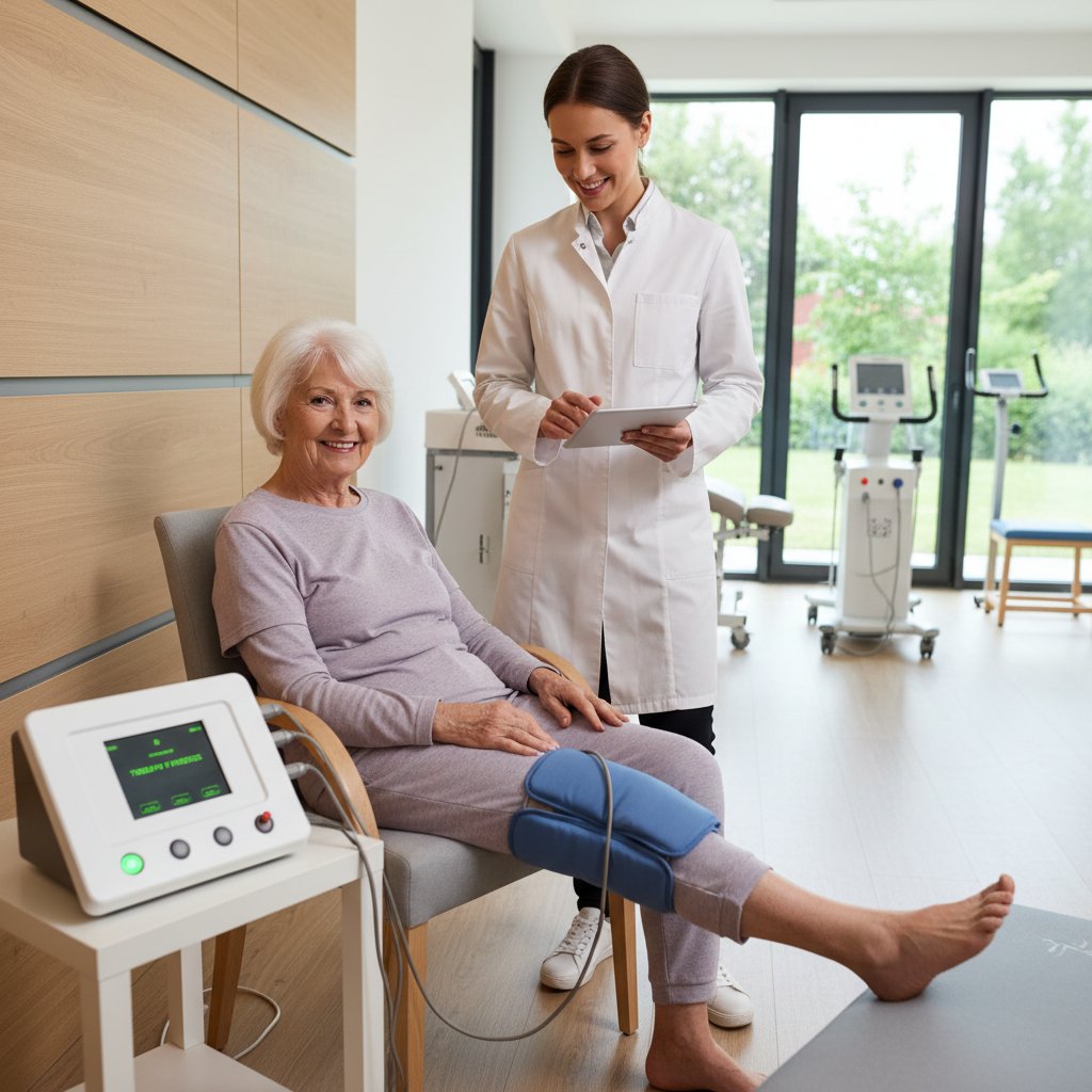 Starsza kobieta uśmiechnięta po zabiegu magnetoterapii, siedzi w fotelu w ośrodku rehabilitacyjnym