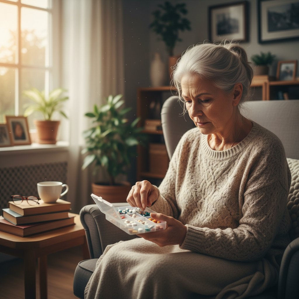 Starsza kobieta w domu z opakowaniem leków, zamyślona twarz
