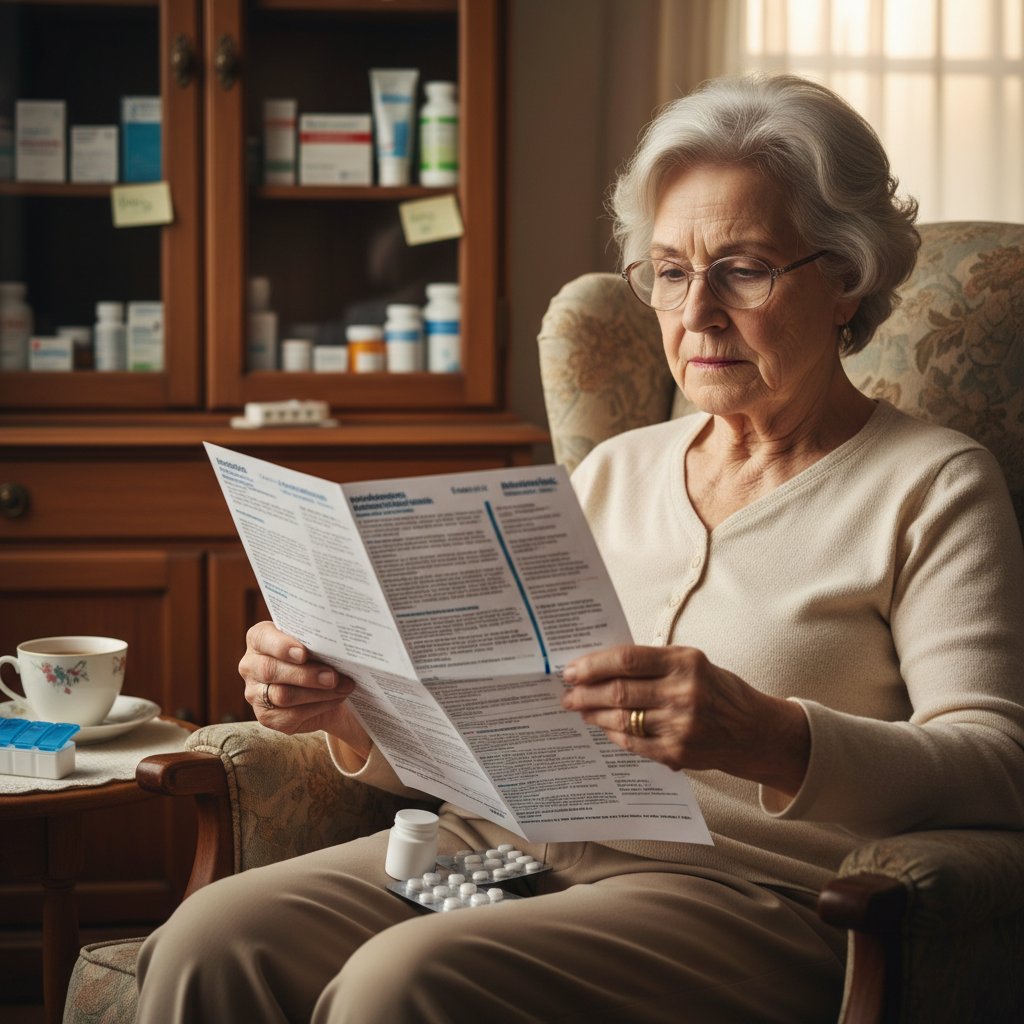 Starsza kobieta przegląda ulotkę leku na tle domowej apteczki