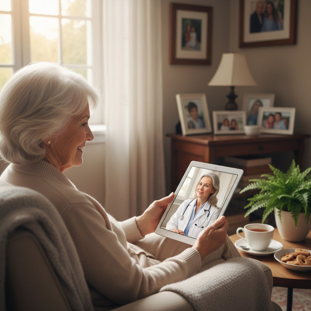 Starsza kobieta korzystająca z konsultacji online na tablecie w domowym zaciszu, wyraz ulgi i skupienia