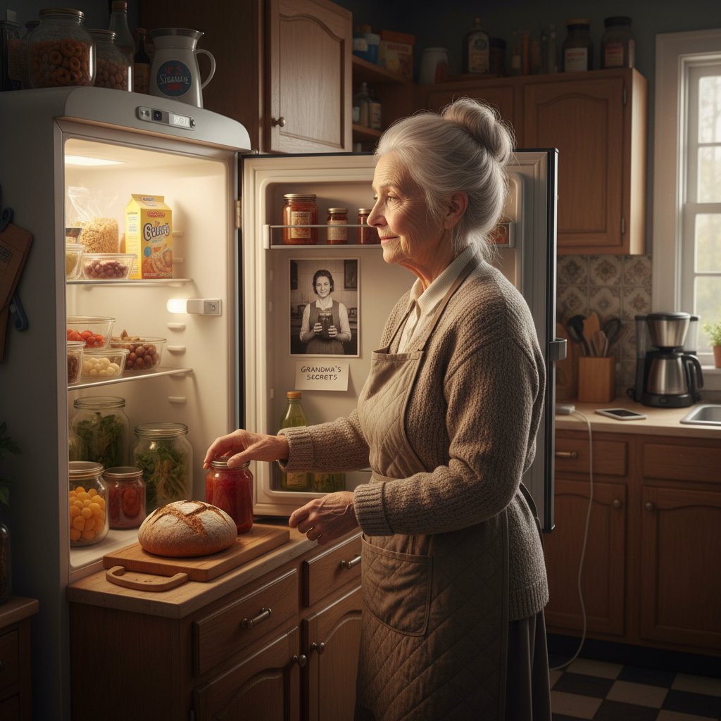 Starsza kobieta przeglądająca lodówkę pełną produktów – zmiana nawyków przez pokolenia