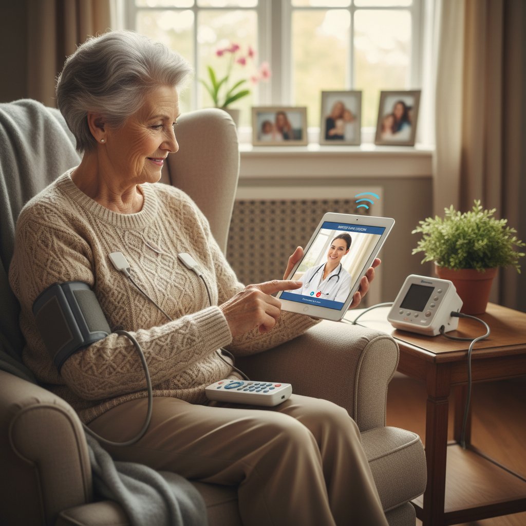 Starsza pacjentka korzystająca z tabletu do wirtualnej opieki w domowym zaciszu