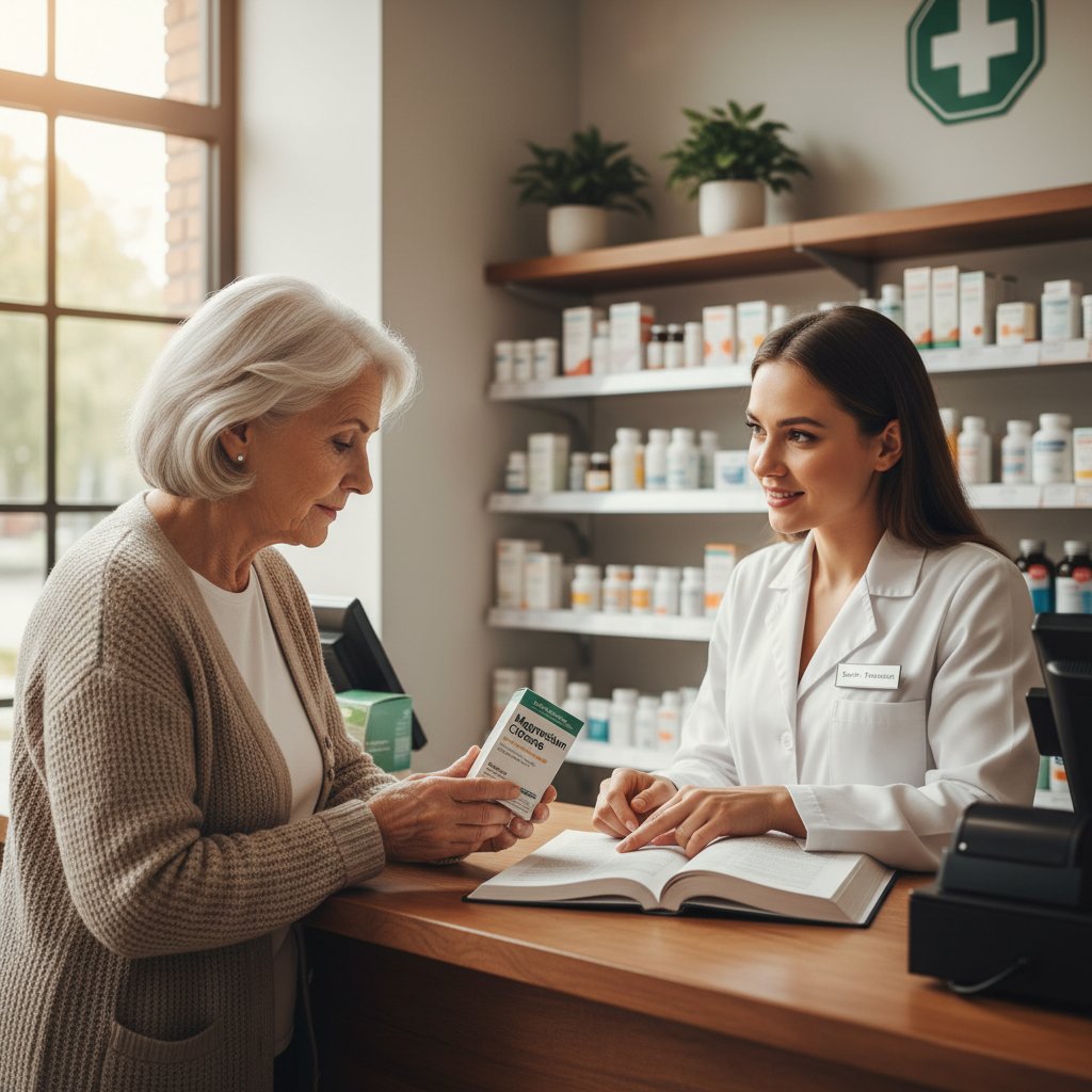 Starsza kobieta konsultująca się z farmaceutą przy zakupie magnezu, uważne spojrzenie