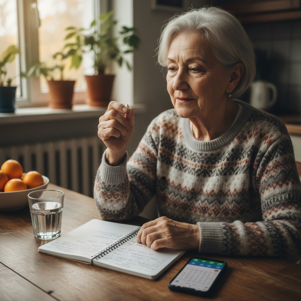 Starsza kobieta z pigułką, notatnik i telefon na stole – codzienność pacjenta na terapii przeciwpłytkowej