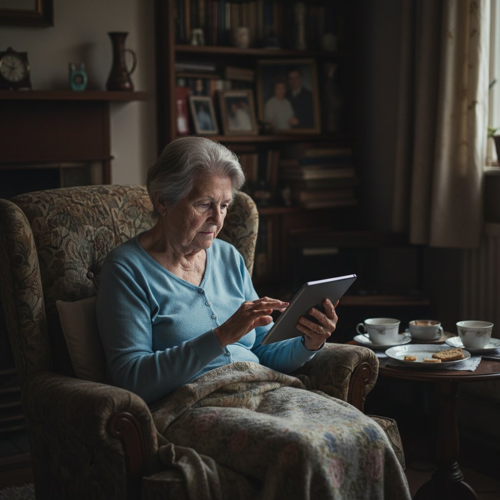 Starsza kobieta grająca w grę online na tablecie – gry a samotność wśród seniorów