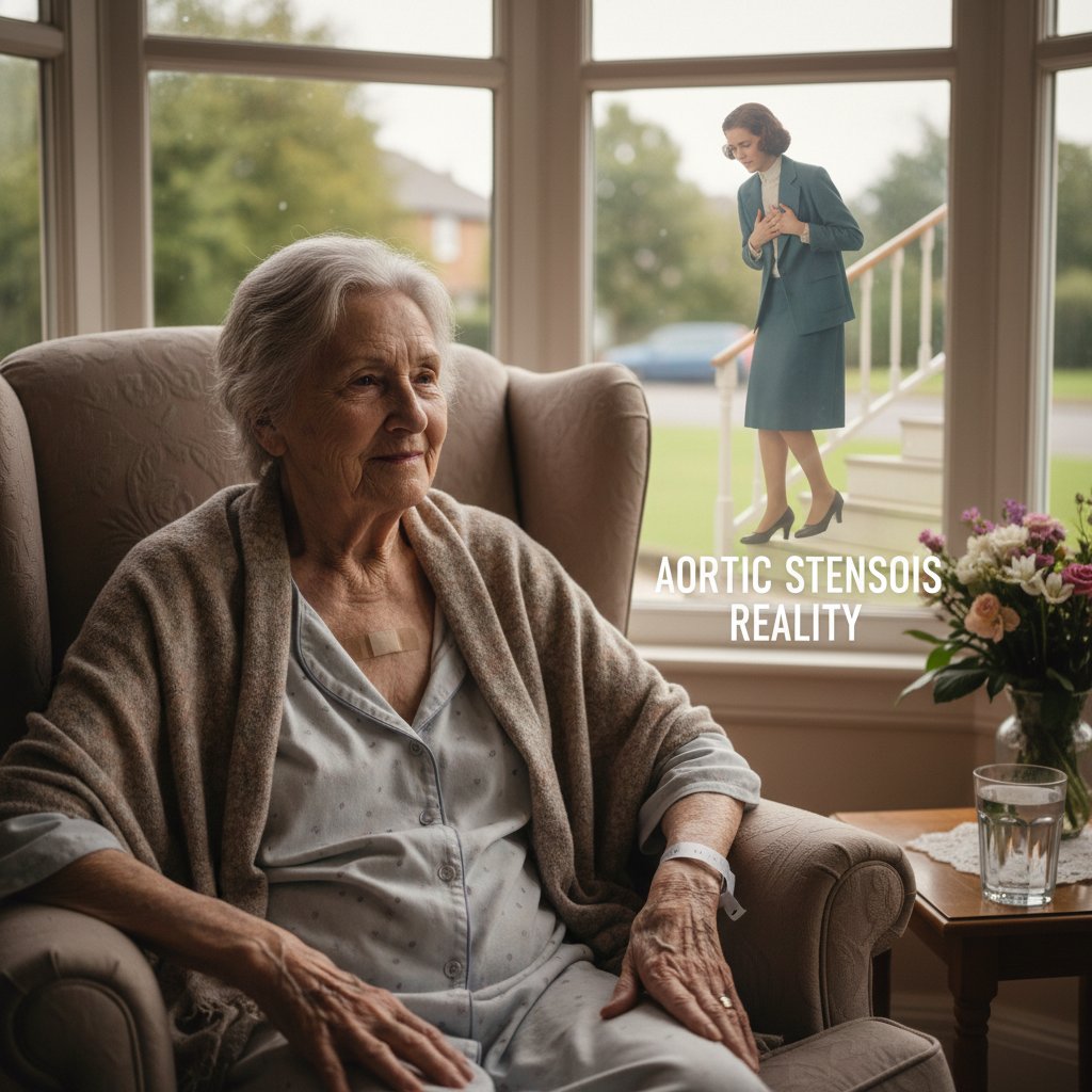 Starsza kobieta po operacji serca siedzi przy stole, patrzy przez okno zamyślona, symbol nowych wyzwań