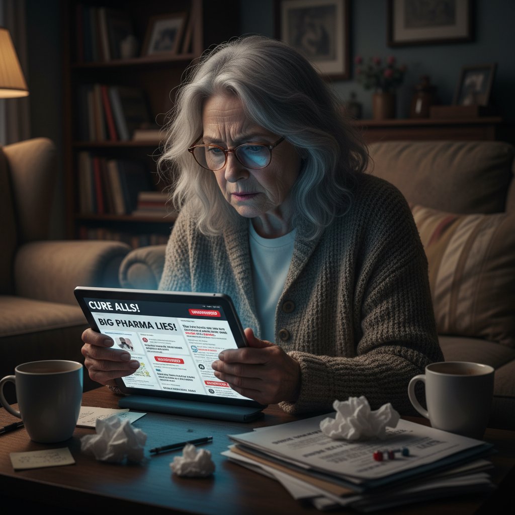 Zdjęcie starszej kobiety czytającej forum internetowe o zdrowiu, dezinformacja