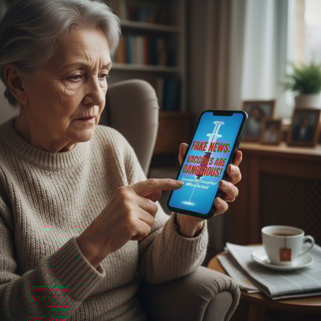 Starsza kobieta z telefonem, przeglądająca fake news o szczepieniach