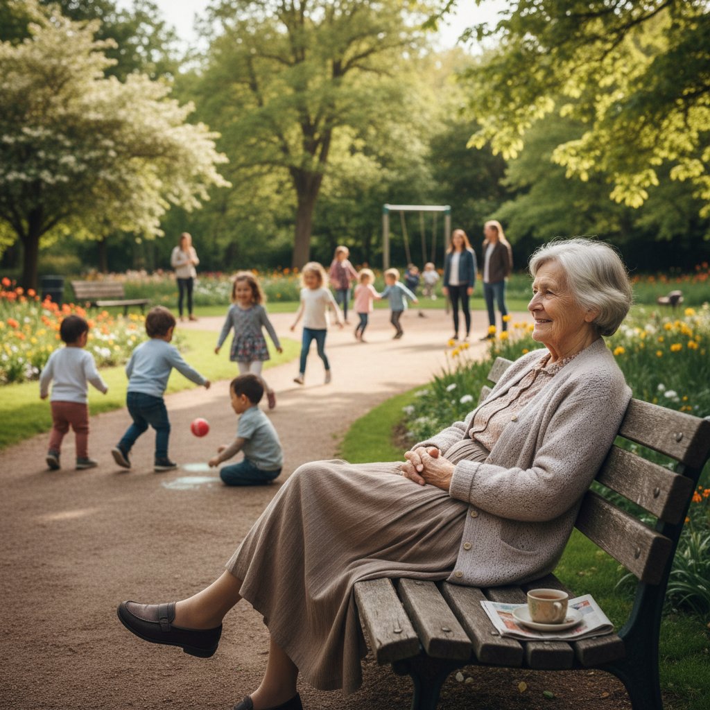 Starsza kobieta odpoczywająca na ławce w parku, dzieci bawią się w tle – relaksacja i dostępność społeczna.