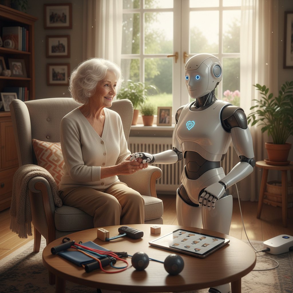 Starsza kobieta rozmawiająca z humanoidalnym robotem w domowym otoczeniu. Tematyka: boty terapeutyczne, emocjonalna AI