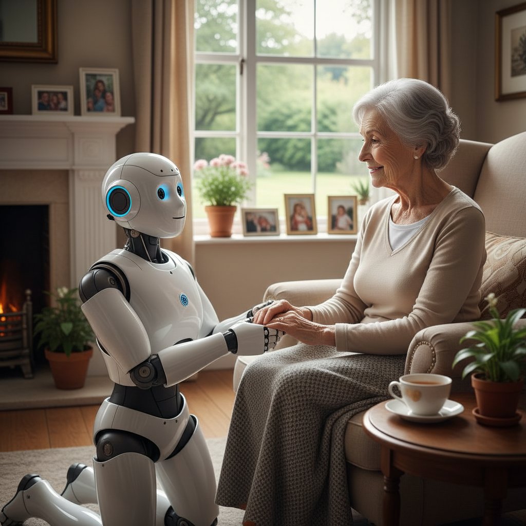 Starsza kobieta rozmawiająca z robotem w domu, AI w terapii