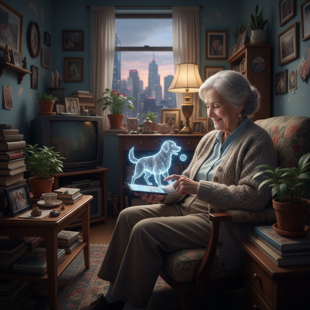 Starsza kobieta w kawalerce rozmawiająca z wirtualnym pieskiem na smartfonie, minimalistyczne wnętrze