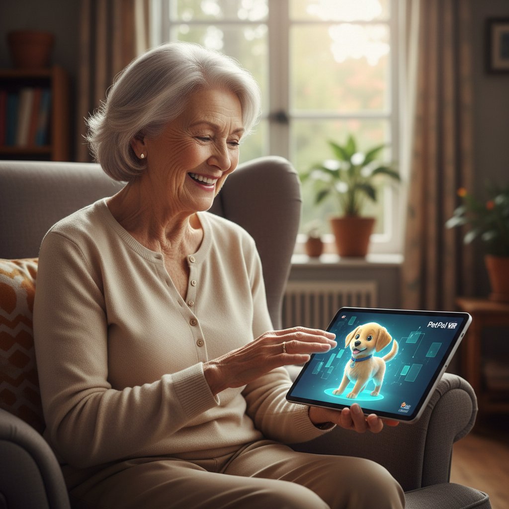 Starsza kobieta rozmawiająca z wirtualnym psem na tablecie, ilustrująca przełamywanie stereotypów i wsparcie emocjonalne dla seniorów