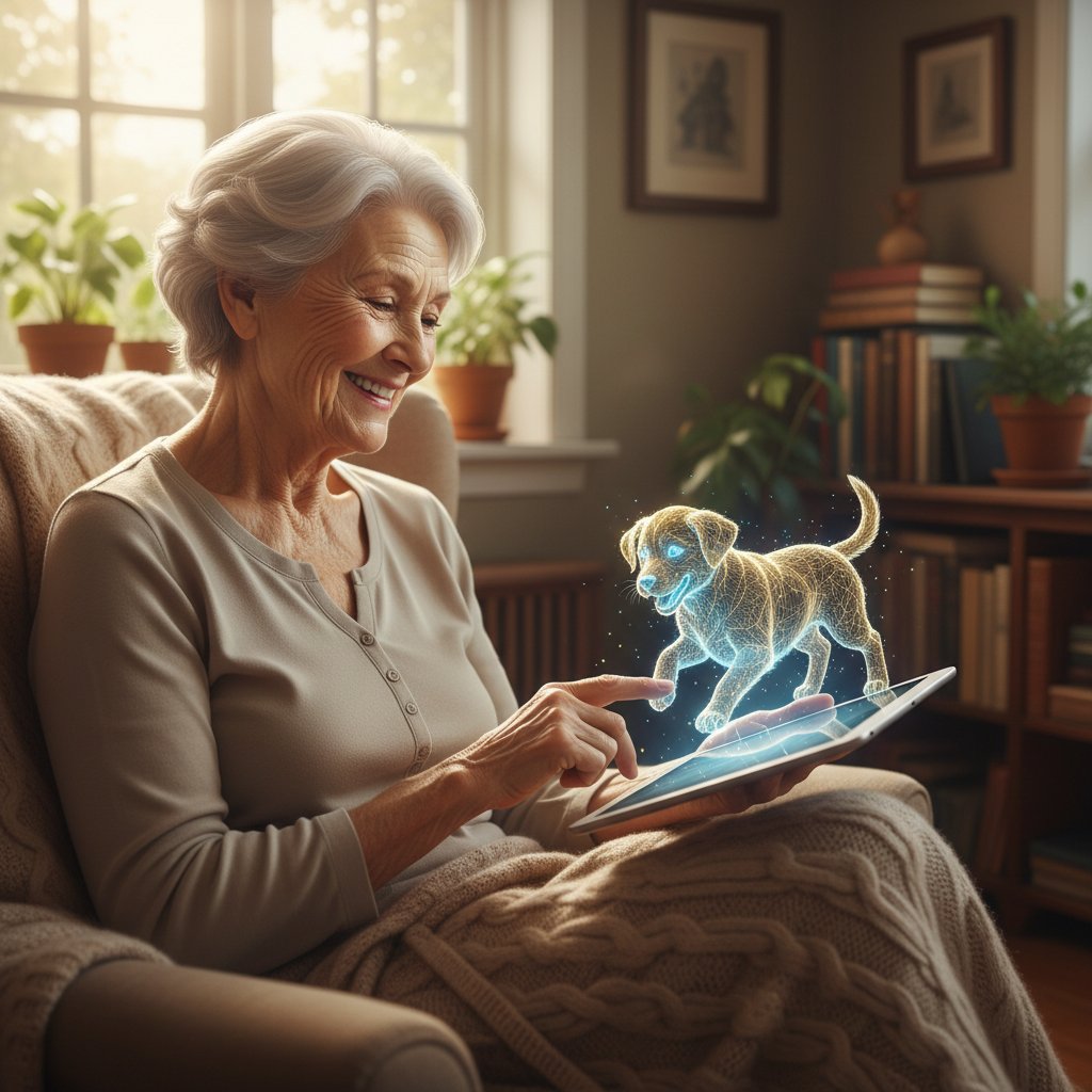 Ältere Frau lächelt, während sie auf Tablet mit virtuellem Hund interagiert