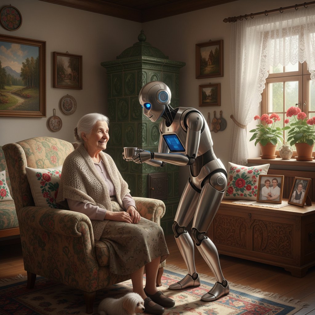 Starsza kobieta uśmiechająca się do robota-opiekuna w polskim domu