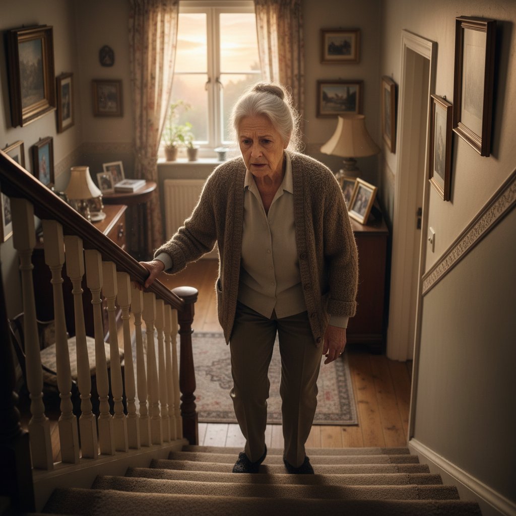 Starsza kobieta opierająca się o poręcz schodów, wyraźne napięcie i niepewność, scena domowa