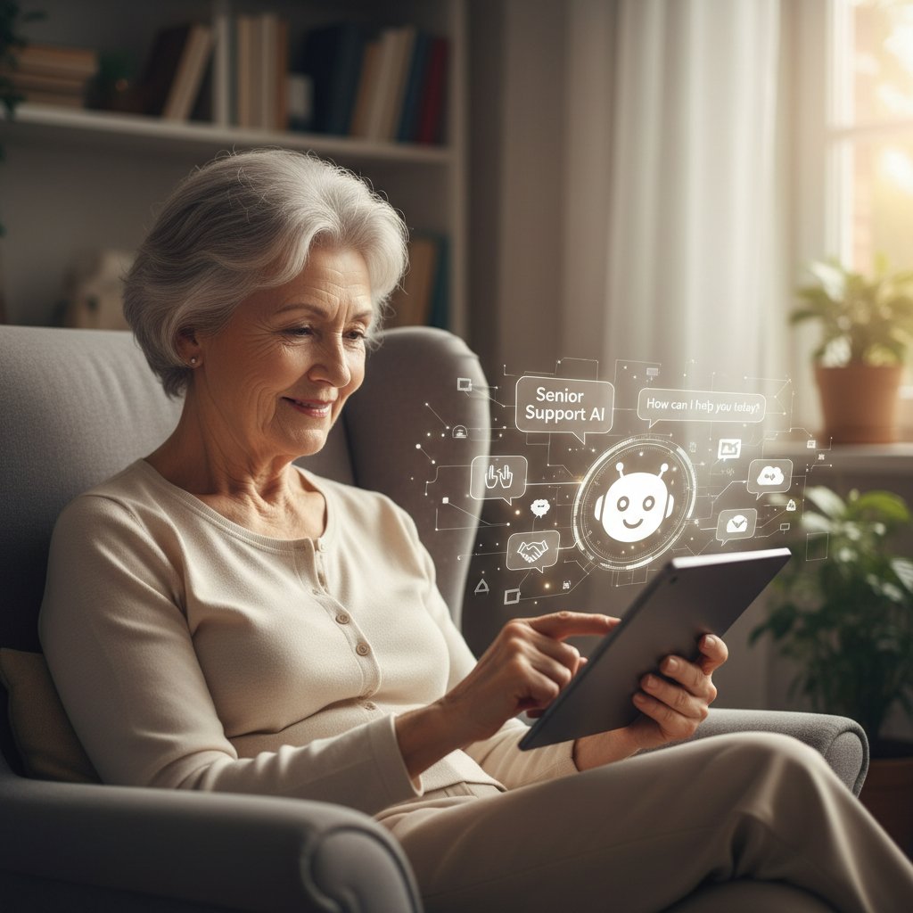 Starsza kobieta korzystająca z tabletu, uśmiechnięta, wokół symbole rozmowy cyfrowej, słowa kluczowe: wsparcie dla seniorów, AI w opiece