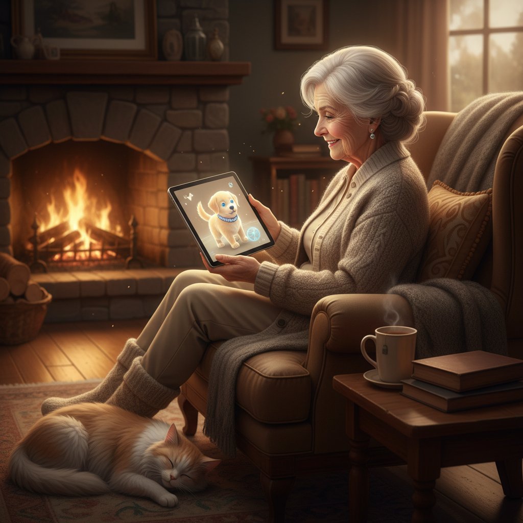 Starsza kobieta rozmawiająca z cyfrowym psem na tablecie, ciepłe światło, wnętrze domu