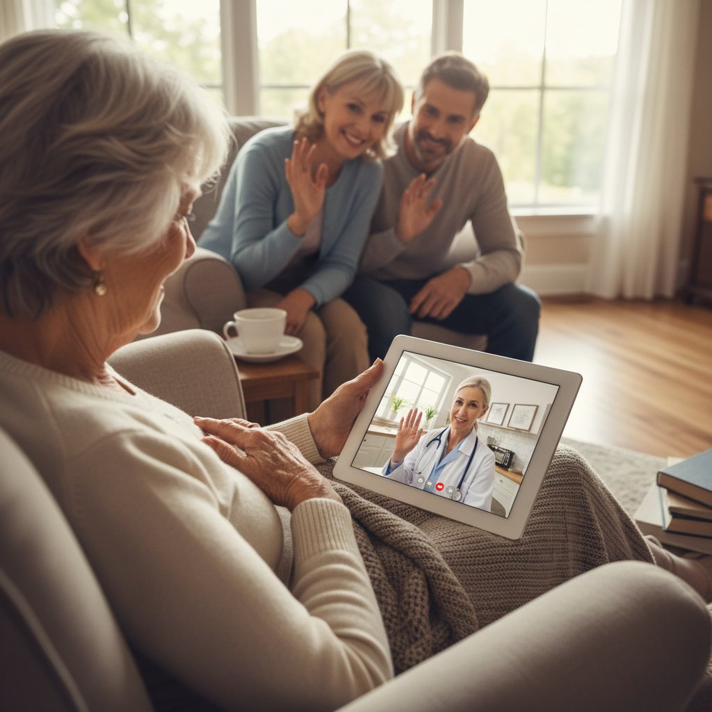 Starsza kobieta zmagająca się z obsługą tabletu, w tle wnuczek pomagający przy konsultacji