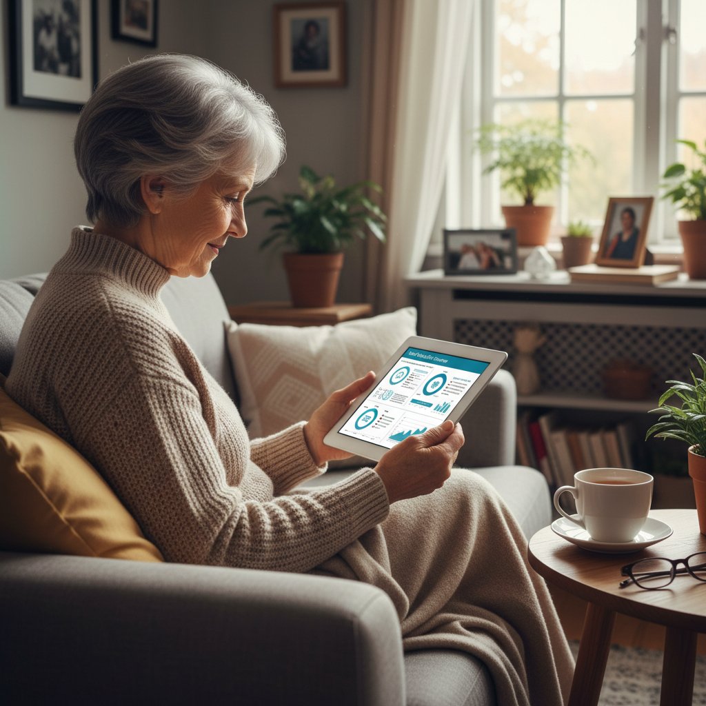 Starsza kobieta korzystająca z tabletu do zdobywania informacji zdrowotnych w domu