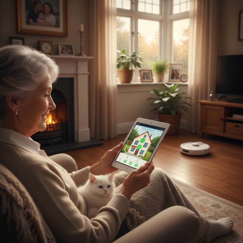 Starsza kobieta uśmiecha się do ekranu tabletu, domowa atmosfera, poczucie bezpieczeństwa