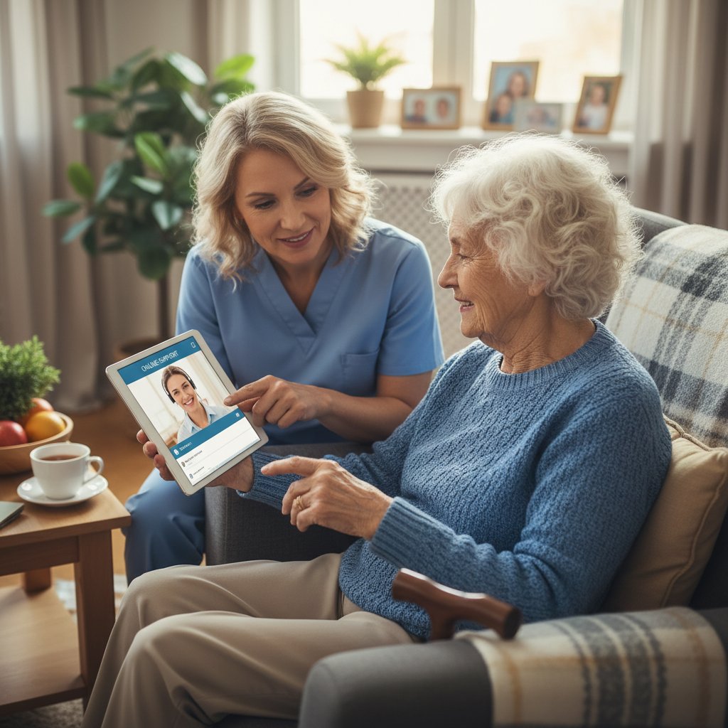 Starsza kobieta korzystająca z tabletu do kontaktu z opiekunem online