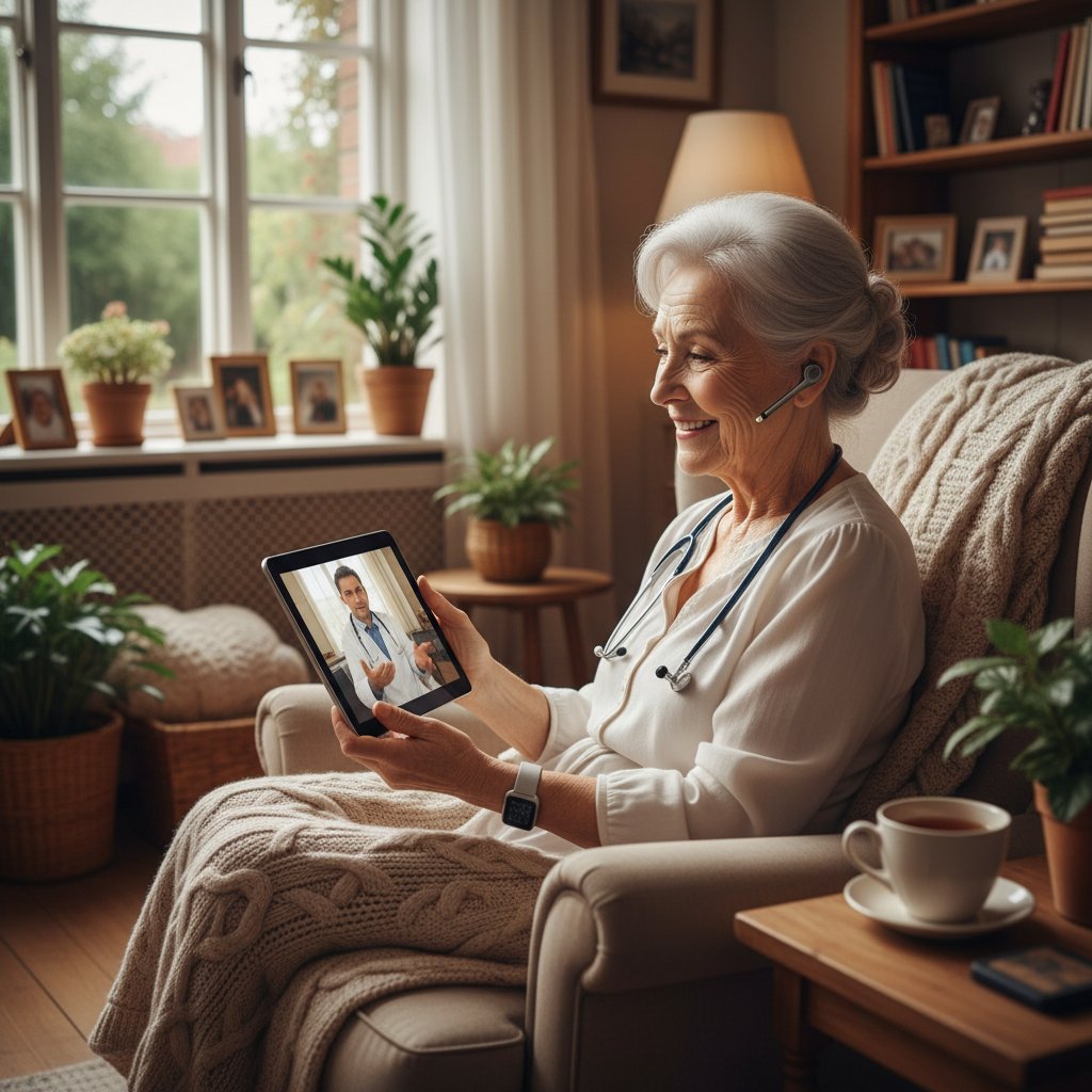 Starsza Polka korzysta z tabletu do konsultacji zdrowotnej w domu